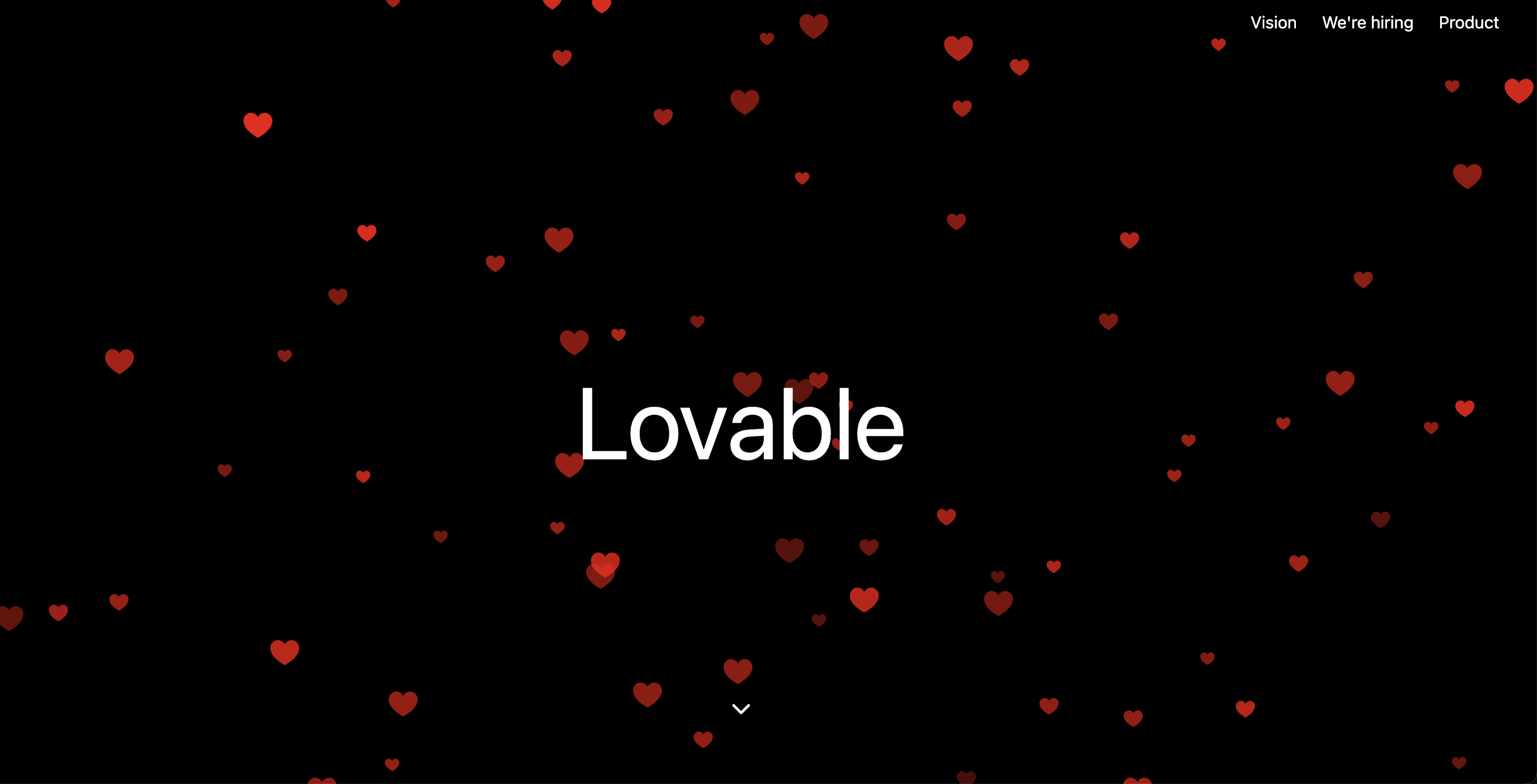 Lovable's 2024 website: a black landing page with red hearts and only Vision, We're hiring, and Product links